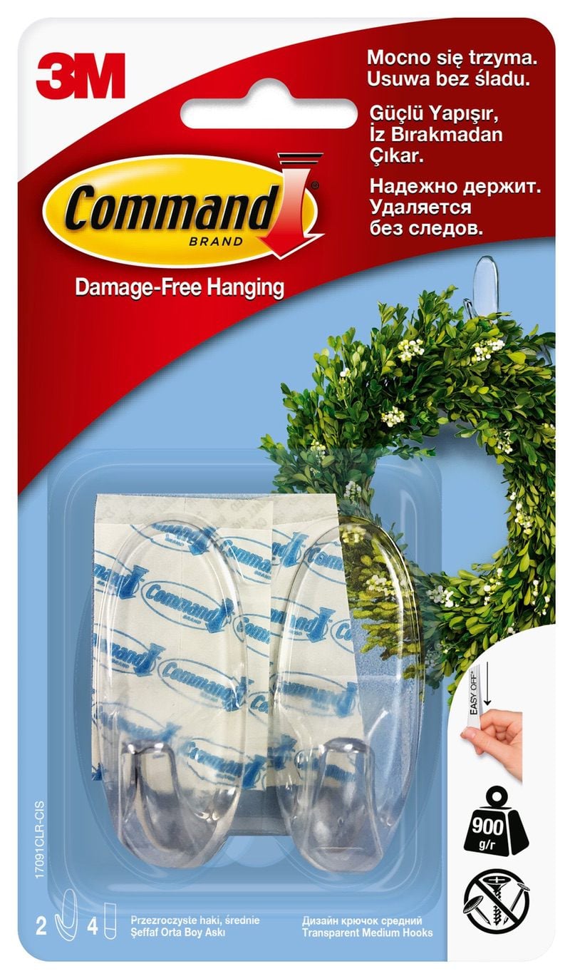 Reusable hooks, COMMAND™ (17091CLR PL), medium, 2 pcs, transparent