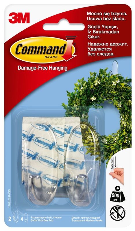 Reusable hooks, COMMAND™ (17091CLR PL), medium, 2 pcs, transparent