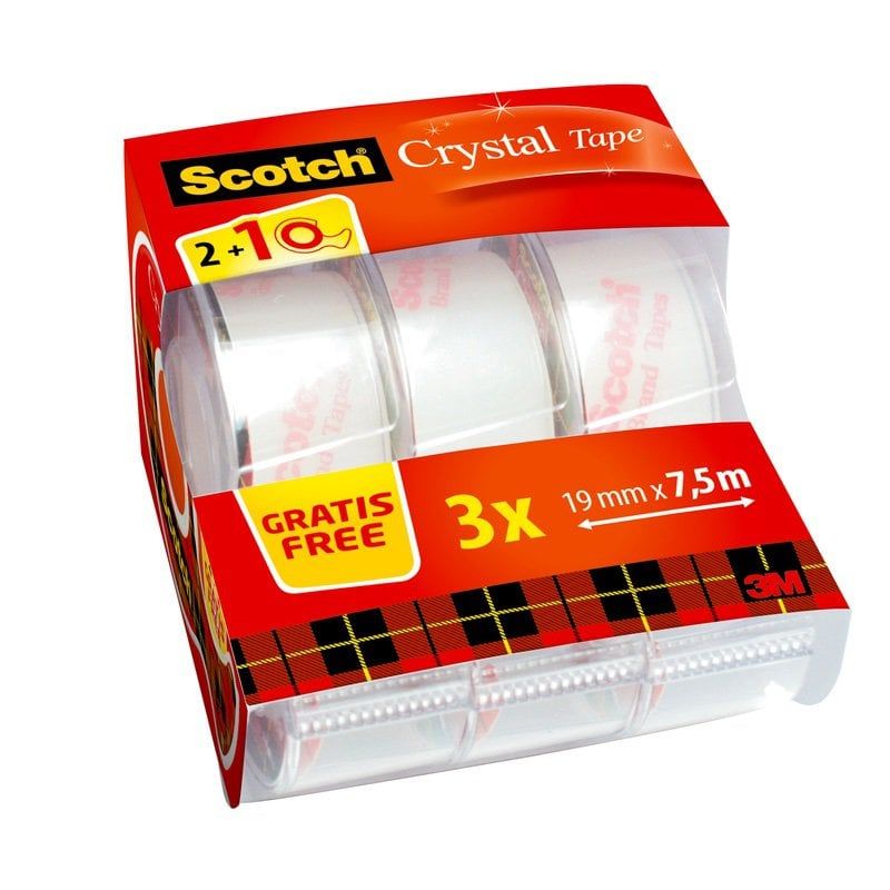 Scotch™ Crystal Clear Tape, 2 Rolls + 1 FREE, 19 mm x 7.5 m + Handheld Dispenser