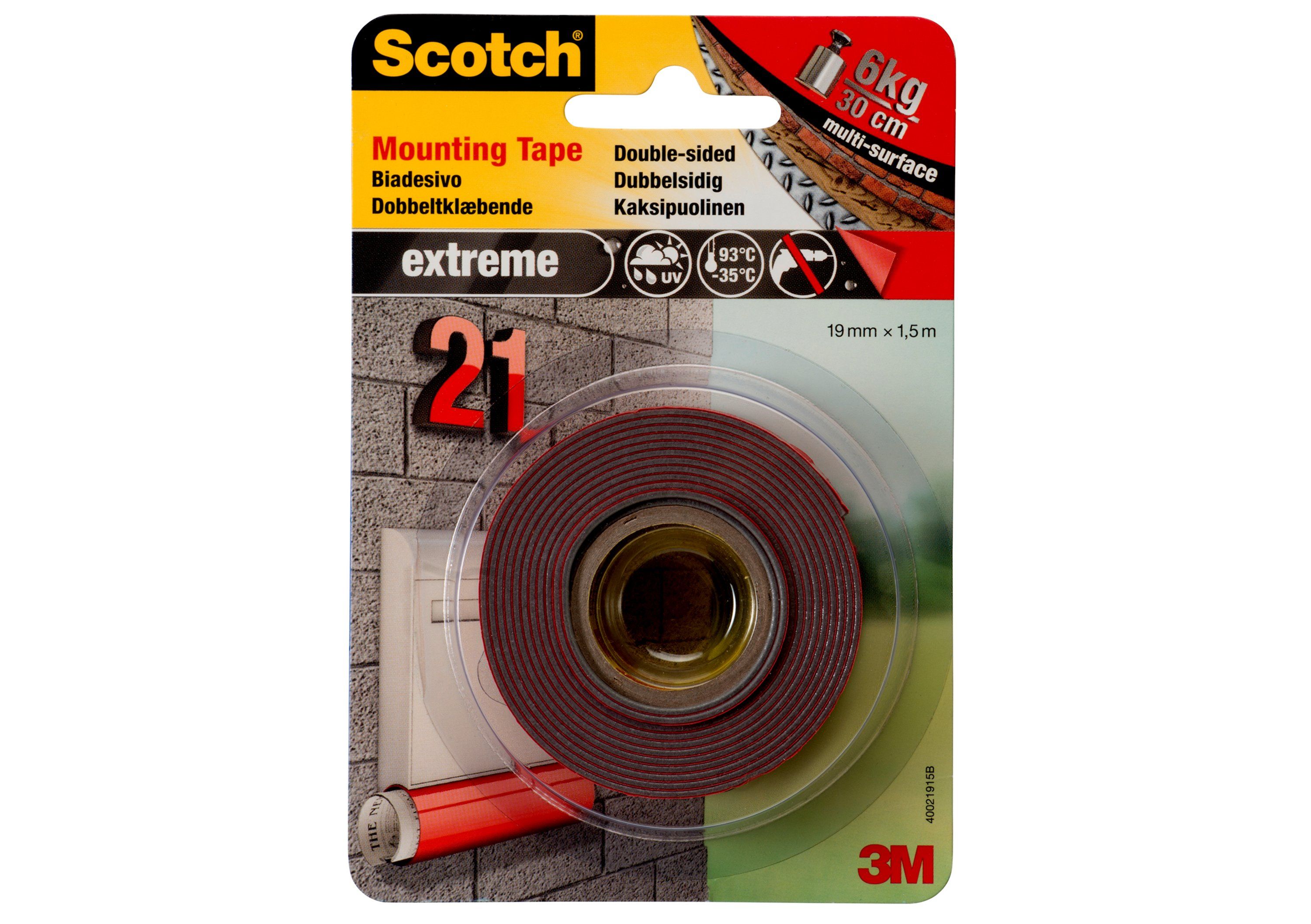 3M™ Scotch® Fixing Line szupererős kétoldalas - 19 mm × 1,5 m, habosított szilikon alapú, 1 kg rögzítéséhez beltéren 7,5 cm, kültéren 15 cm szükséges